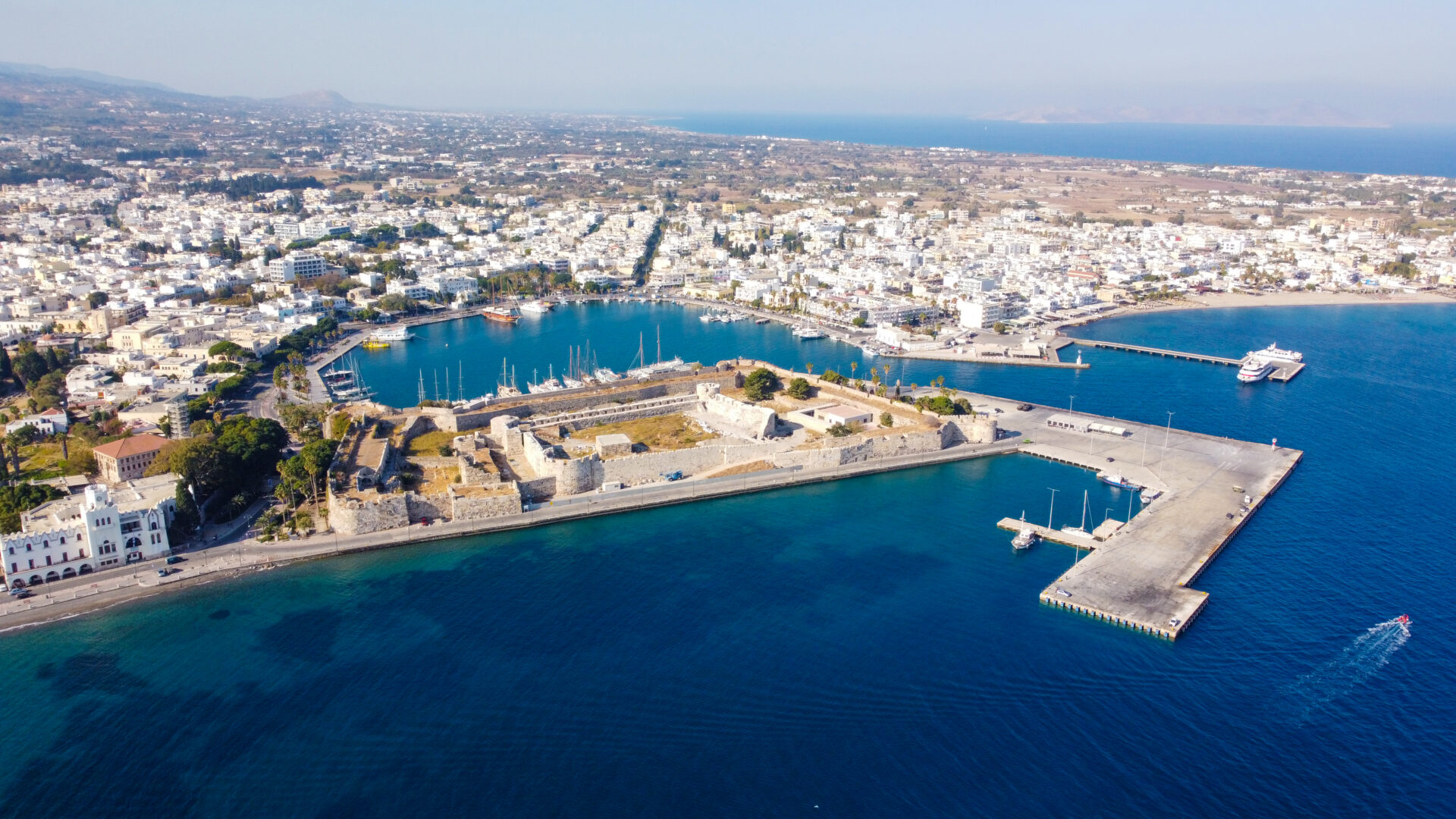 Kos Town harbour and Castle of the Knights Aerial view of Kos Town harbour and the Castle of the Knights, Kos, Greece
